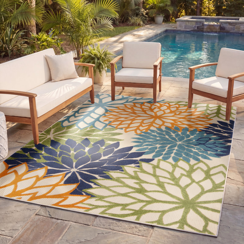 Alsaedi Floral Green/Blue/Orange Indoor/Outdoor Area Rug, Rectangle 3'6" x 5'6"