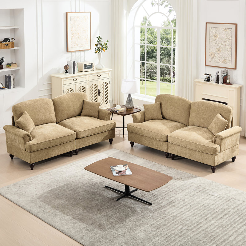 Canapé modulaire classique avec tissu en chenille doux, soutien du corps en forme de pétale et confortable en café, accoudoirs évasés 2 pièces, jupes de plis à volants amovibles, siège à pattes et siège café,