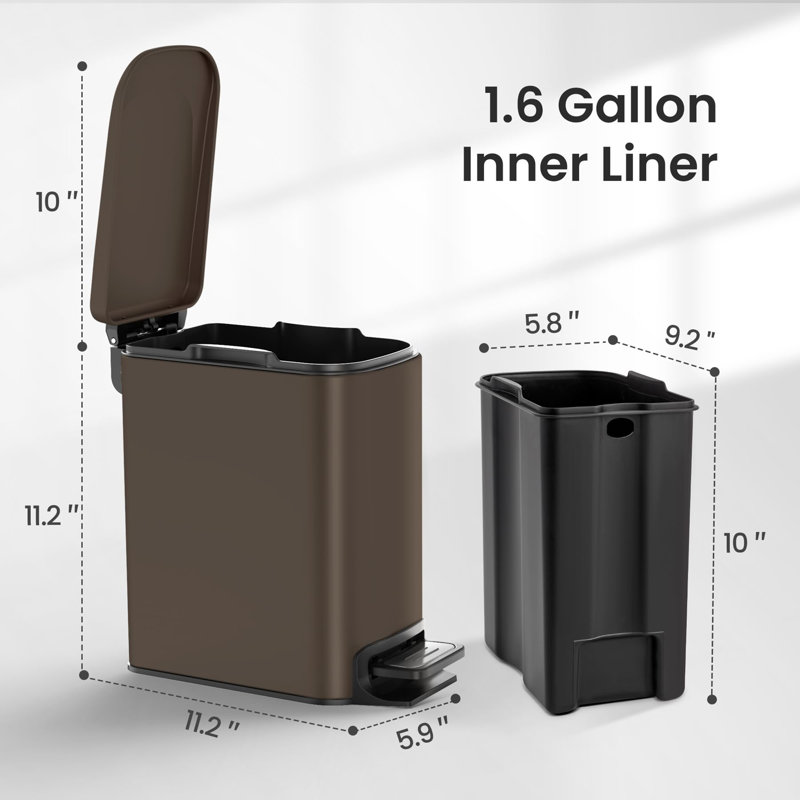 Petite poubelle de salle de bain avec couvercle à fermeture en douceur, Brun, 1.6