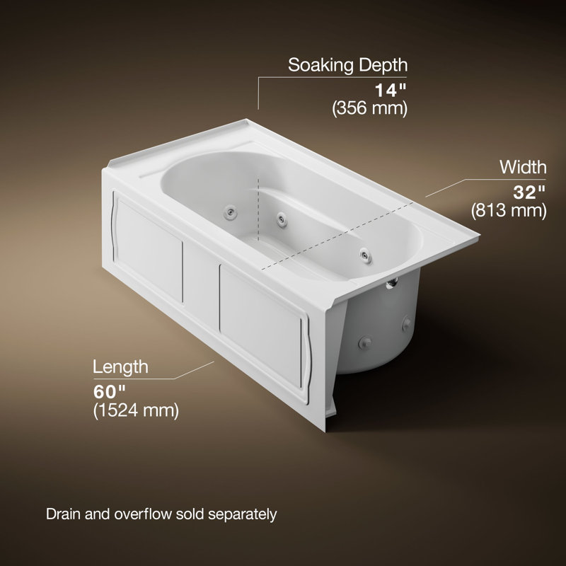 Devonshire 60" x 32" Alcove Whirlpool Acrylic Bathtub, White, Right
