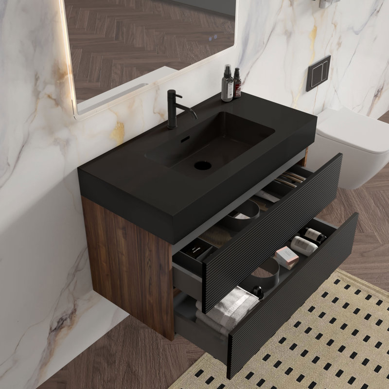 Meuble-lavabo mural avec plateau noir mat, Noir mat, 36", Noyer foncé