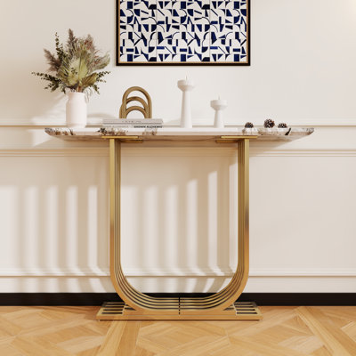 Modern Wooden Imitation Marble Counter Top Console Table With Metal Base