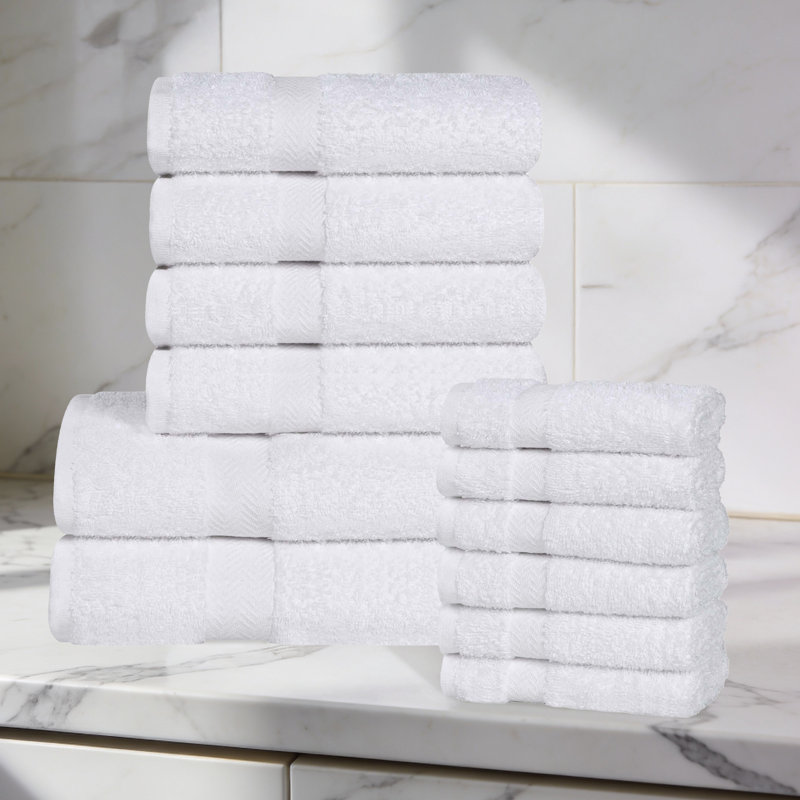 Lightweight Cotton Quick-Drying Bathroom Towel Set, 12 Piece Towel Set, White
