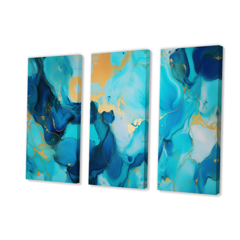 Turquoise Luxury Abstract Fluid Art III - Abstract Wall Art Living Room Set, 28" H x 36" W x 1" D