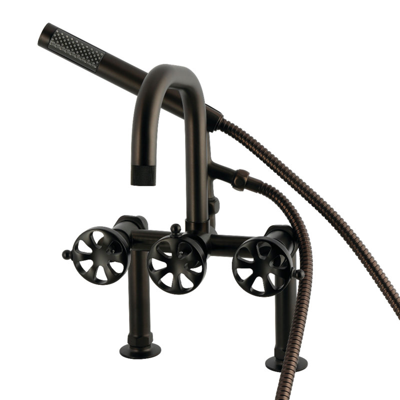Kingston Brass Belknap Three-Handle 2-Hole Deck-Mount Clawfoot Tub Faucet With Hand Shower, Oil Rubbed Bronze