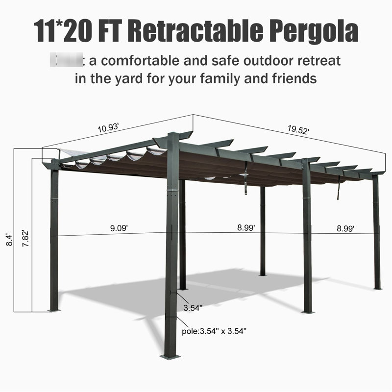 Pergola d'extérieur 11 x 20 pi pour pelouse Auvent, aluminium, réglable, facile à installer - piscine gris foncé