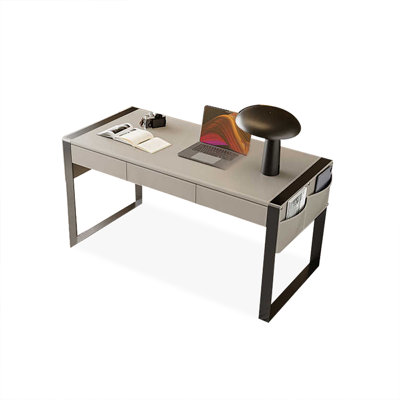 62.99" Black + Beige-white + Grey Rectangular Manufactured Wood + Carbon Steel with 3 drawers Desk