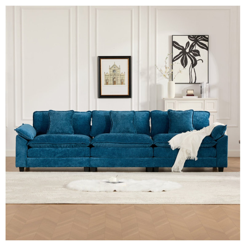  Canapé modulaire plus large à 3 places avec accoudoirs en bleu, canapé moderne avec coussin rembourré double couche, tissu chenille respirant pour le salon