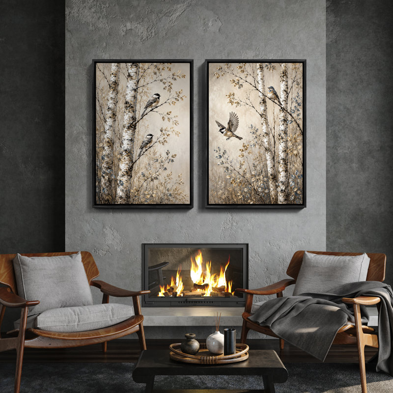 «Birch Tree Birds Woodland Nature», ensemble de 2 reproductions d'art encadrées, 24" H x 16" W, Black