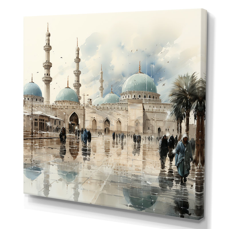 «Mosquée blanche et bleue» - Art mural, H 16 po x l 16 po x P 1 po, Toile tendue