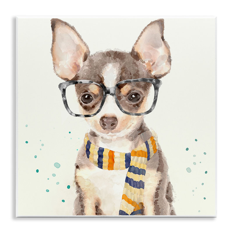 «Hipster Chihuahua Puppy With Glasses and Scarf», reproduction de peinture à l'aquarelle sur toile