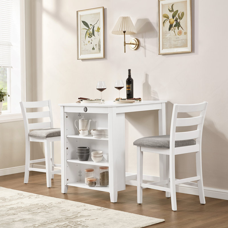 Modern Dining Table Set for 2 with Charging Station & 3-Tier Adjustable Storage | Space-Saving Kitchen Set with Upholstered Chairs for Small Spaces, Apartment