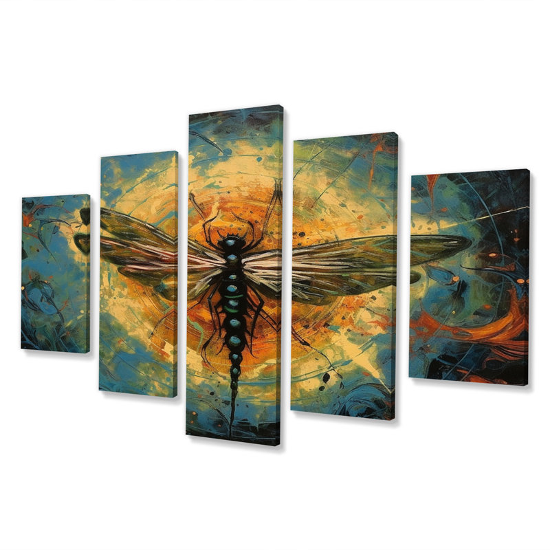 «Expressive Paintign Of Dragonfly», reproduction d'art sur toile, 5 panneaux