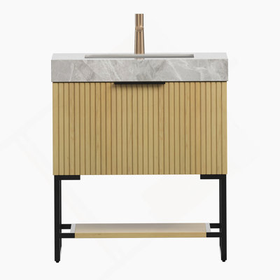 Meuble-lavabo autoportant avec tiroir et tablette ouverte, offrant un grand espace de rangement, des matériaux de qualité supérieure et une installation facile pour un espace de salle de bain fonctionnel.