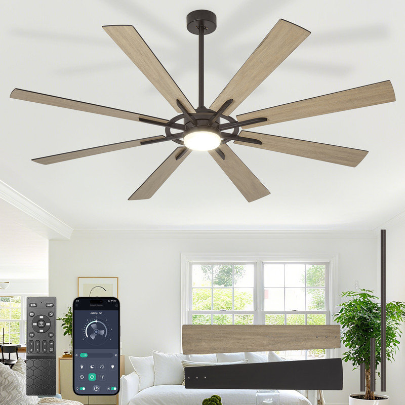 66 Inch Large Ceiling Fan with Light, Modern 8-Blade Black and Walnut Indoor Outdoor Fans with Remote App Control Dimmable Light, Quiet DC Motor Reversible 6 Speed Timer