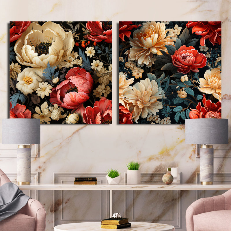 Poppy Blossum - rouge et beige, Toile tendue, H 36 po x l 73 po