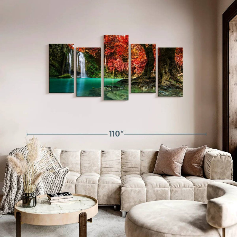 Red Waterfall - 5 pièces, reproduction sur toile tendue, H 40 po x l 80 po x P 1,25 po