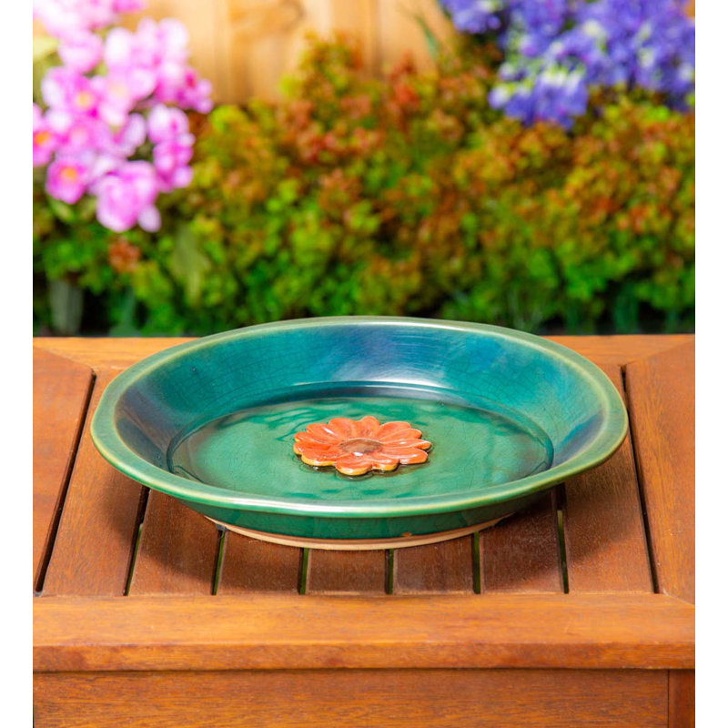Bain en céramique Markisha pour oiseaux et abeilles, bleu avec fleur rouge
