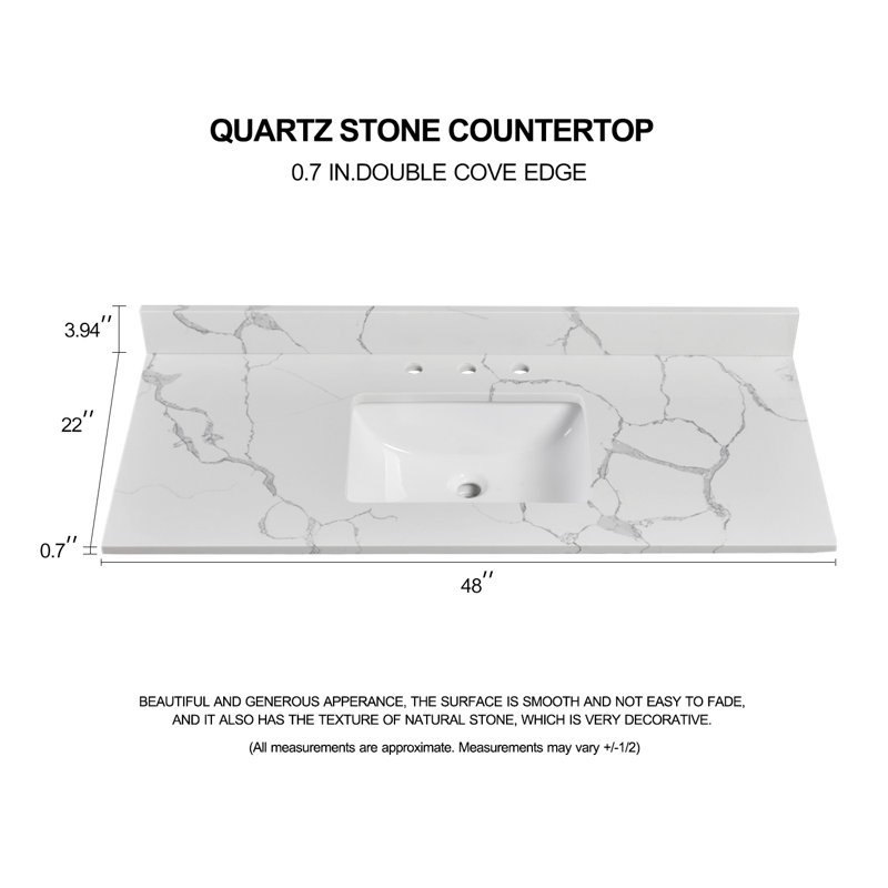 Plateau de meuble-lavabo simple 48 po avec lavabo en quartz - pour remplacement de meuble-lavabo, sans armoire