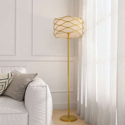 Modern Floor Lamp with Wavy Metal Accent and Fabric Drum Shade