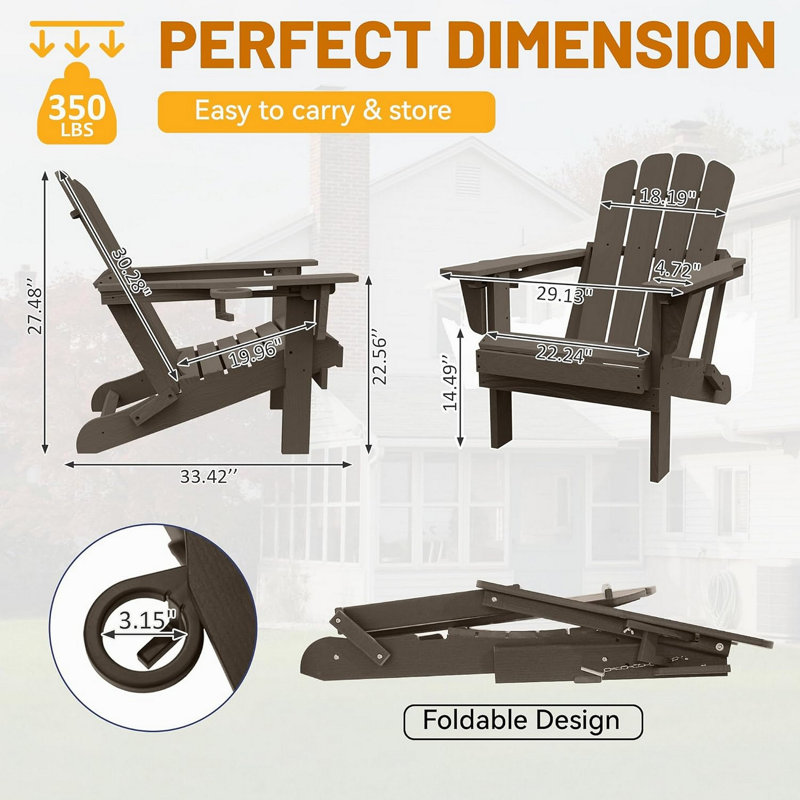 Adirondack Chair, Plastic Adirondack Chairs, HDPE Adirondack Chair, Folding Adirondack Chairs,Outdoor Chairs With Cup Holder For Lawn Patio Deck Fire Pit -Brown