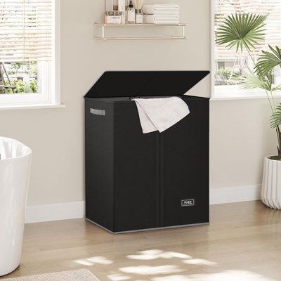 Double Laundry Hamper With Lid And Removable Laundry Bags - Large Dirty Clothes Hamper 2 Section - Collapsible Laundry Baskets For Bedroom, Bathroom, Laundry Room, Apartment, Black