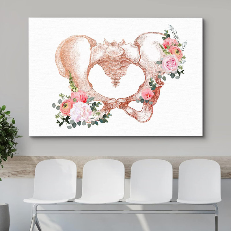 Pelvis squelette florissant rose fleurs médical moderne art floral botanique décoration murale, H 12 po x l 18 po