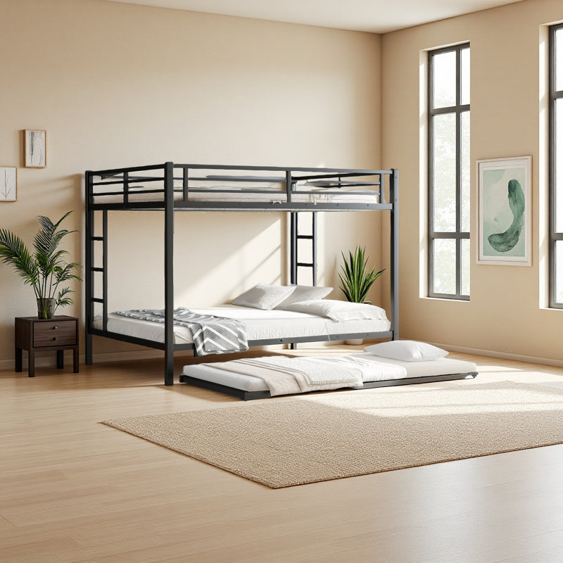 Metal Bunk Bed With Trundle, Black, Queen Over Queen