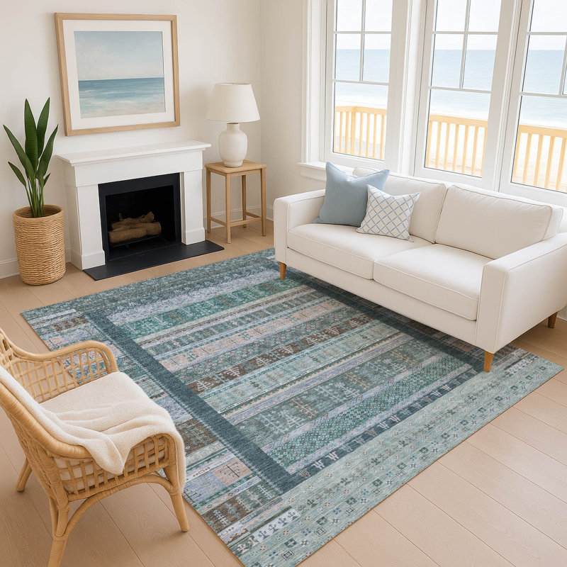 Premium Machine Washable Mayfield AMF2160 Striped Rug, Rectangle 8' x 10', Emerald