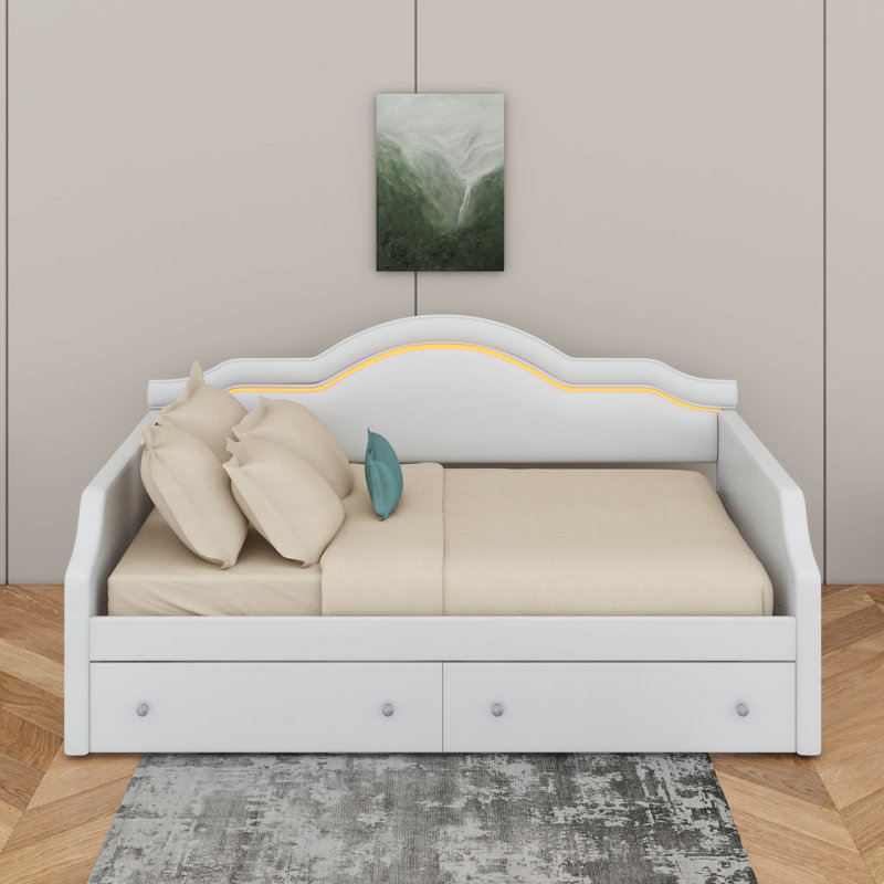 Lit de jour simple tapissier avec DEL et tiroirs, Simple, Beige