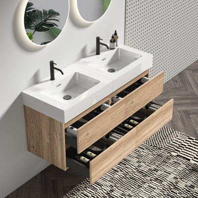 Meuble-lavabo mural de 48 po de dimension Mid-Century, lavabo une pièce, poignée dissimulée, laque E0 pour meuble-lavabo résistant à l'eau avec lavabo à quartz blanc, tiroirs doubles flottants,