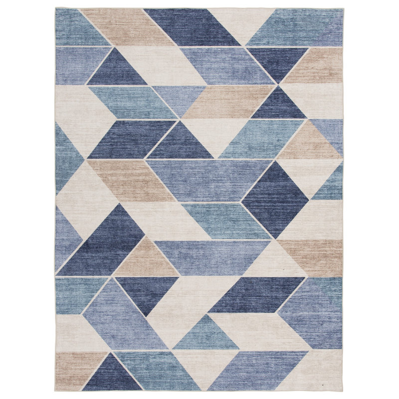 George Oliver Rugese Velvteen Everalda  Beige/Blue 2 ft. 3 in. x 6 ft. Geometric Indoor Polyester Area Rug
