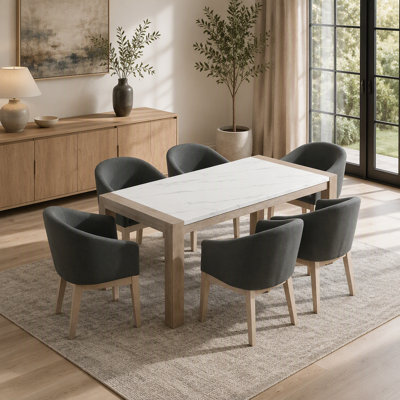 Louisa 7-Piece Dining Set with 66" Rectangular White Faux Marble Top Table, Light Oak Finish, and 6 Gray Upholstered Barrel Chairs