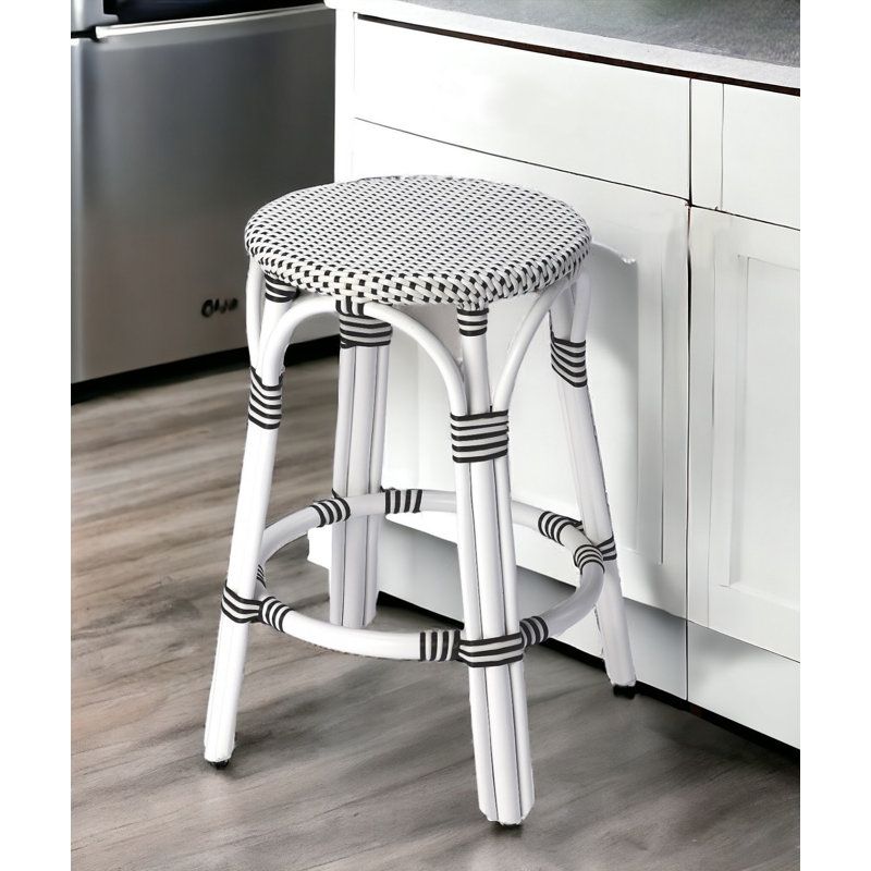Charlotte Rattan Backless Bar Height Bar Chair, Counter Stool (24" Seat Height), White/Black, White