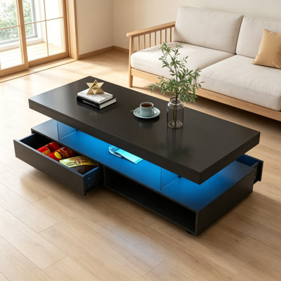 High-Gloss Coffee Table with 16 Colors LED Lights, Storage Drawers & Open Shelves, Space-Saving Living Room Furniture, Easy Assembly