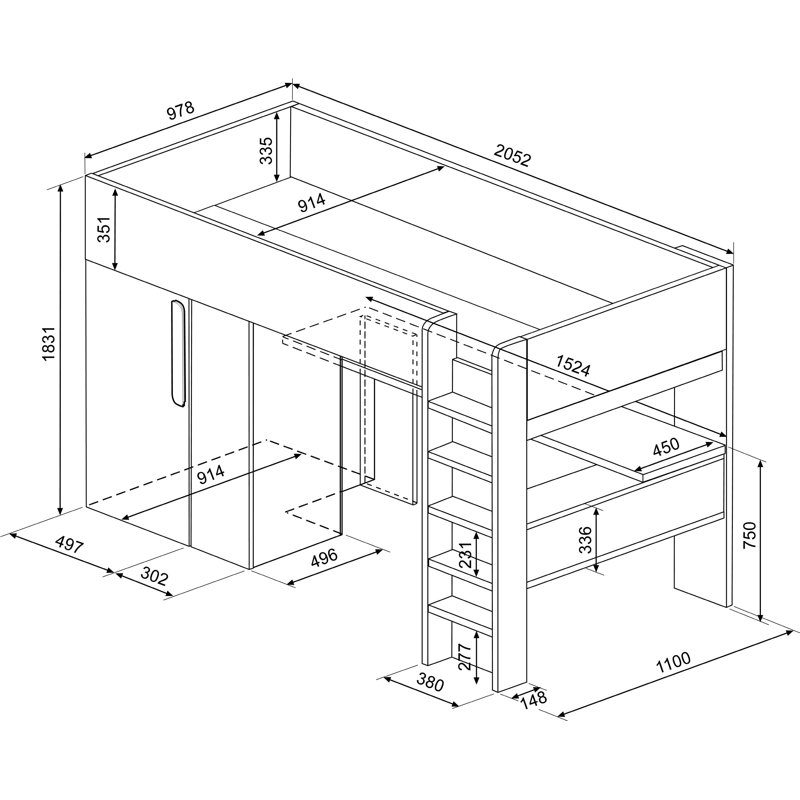 Azure European Single (90 X 200 Cm) High Sleepers with Storage Included with Desk Included