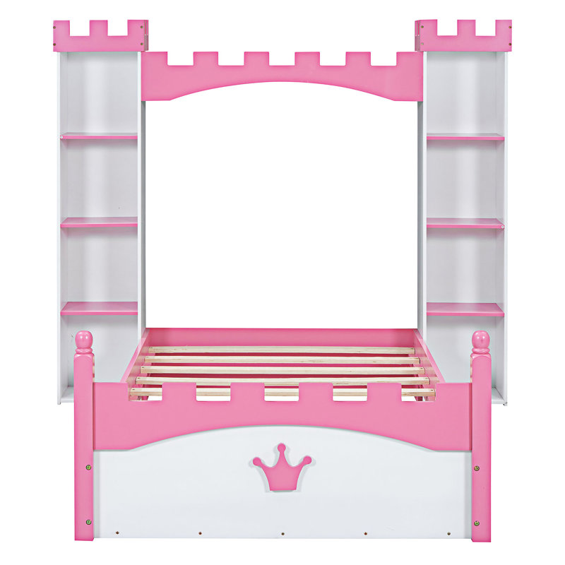 Wooden Platm Bed, White+Pink