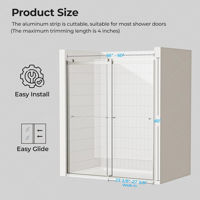 60"W X 60" H Double Sliding Frameless Tub Door With 5/16"(8mm) Clear Tempered Glass, Brushed Nickel