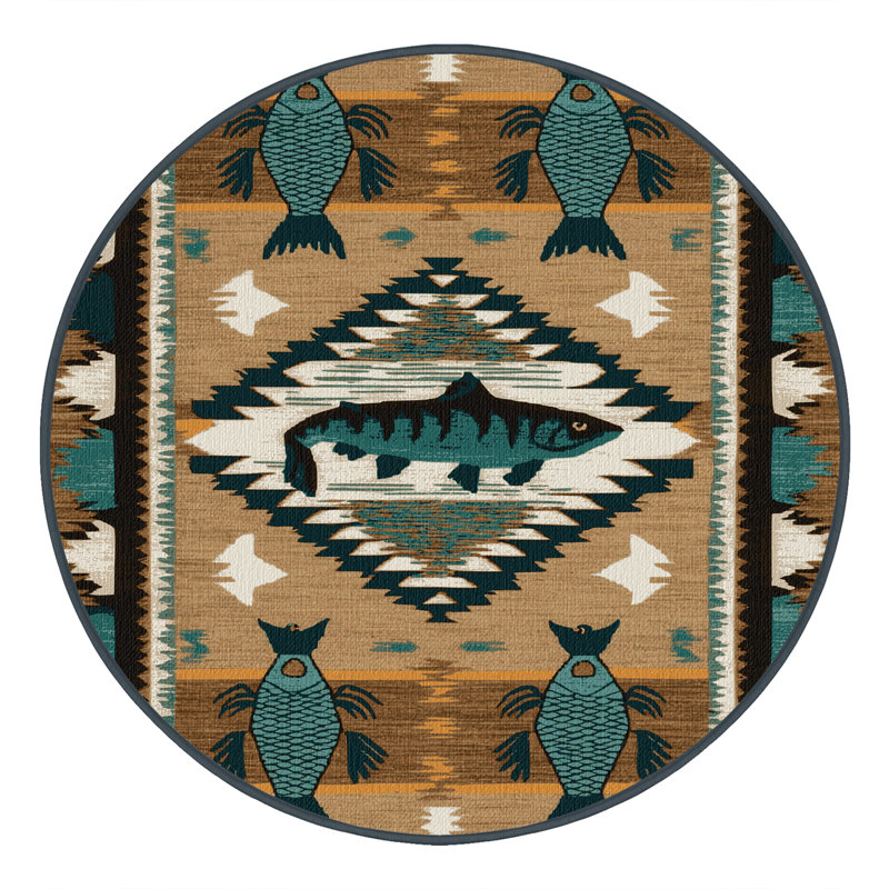 Washable Fish Southwestern Area Rug, Round 7'