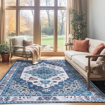 Machine Washable Indoor&Outdoor Area Rug Non-Slip Backing Blue Vintage Low Pile Rug for Living Room Bedroom Dorm Hotel