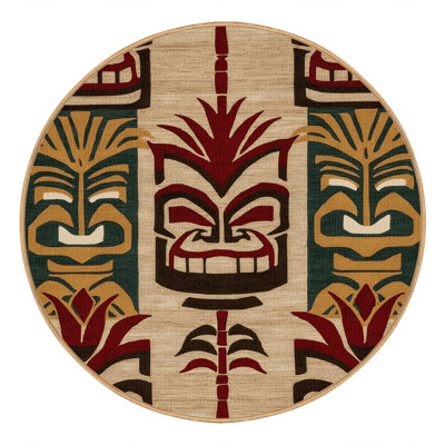 Washable Tiki Faces Hawaiian Area Rug