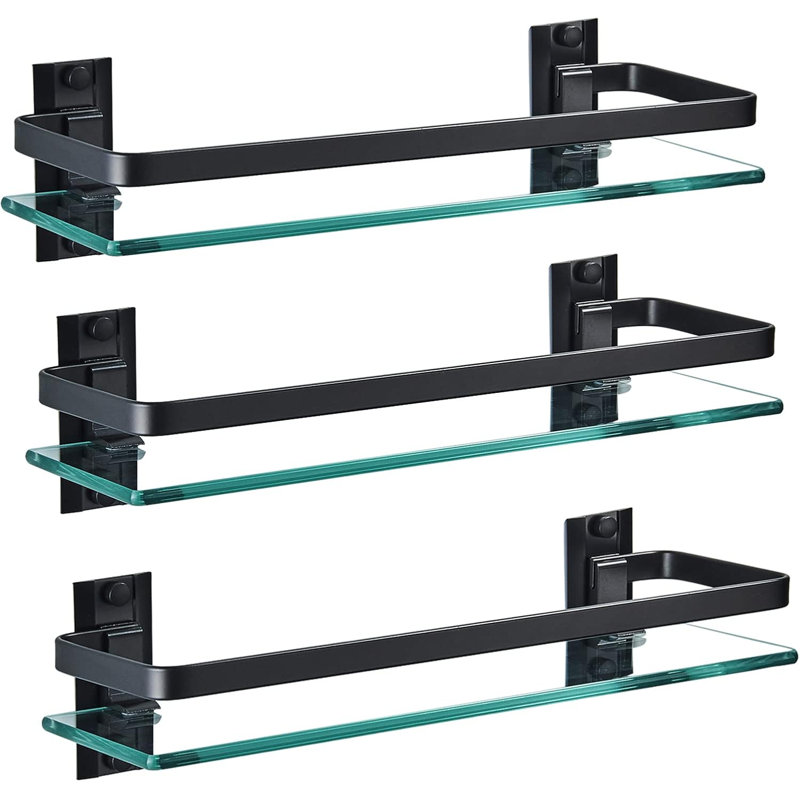 Ensemble de 3 tablettes de rangement en alliage d'aluminium et en verre trempé pour salle de bain, d'une épaisseur de 0,34 pouce.