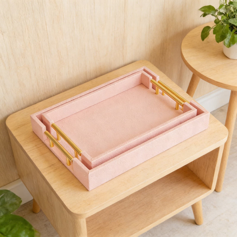 Set Of 2 Faux Shagreen Leather Serving Trays With Gold Metal Handles, Modern Rectangular Decorative Ottoman And Coffee Table Trays For Home Decor, Kitchen, And Organizing