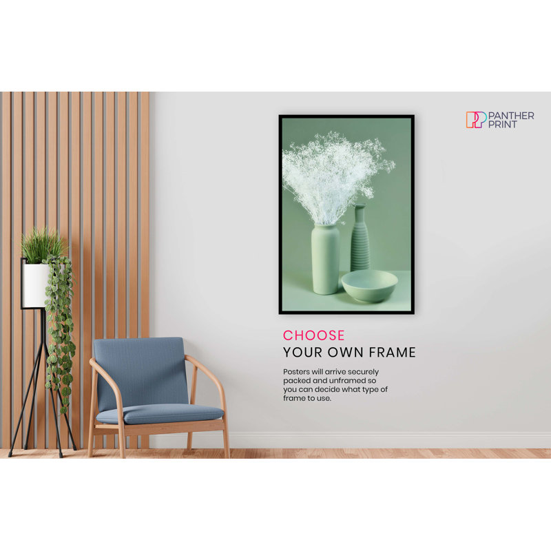 Pastel Green Bowl, Vase And White Bouquet - No Frame Print, 31cm H x 20cm W