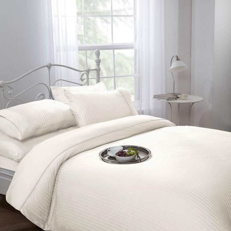 Satin Striped Duvet Cover Set with Pillow Shams Included, Cream, King Duvet Cover + 2 Standard Pillowcases