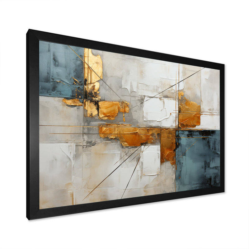Gold Grey Gleaming Geometry IV On Canvas Print, Black Single Picture Framed, 16" H x 32" W x 1" D