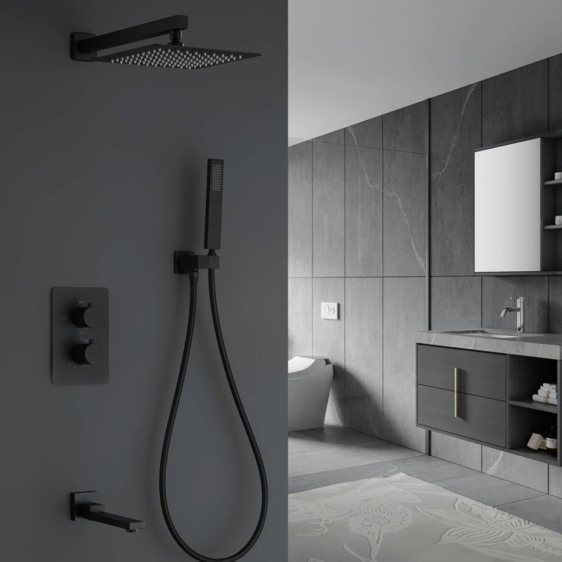 Ensemble de robinet de douche thermostatique avec douchette de baignoire, Noir