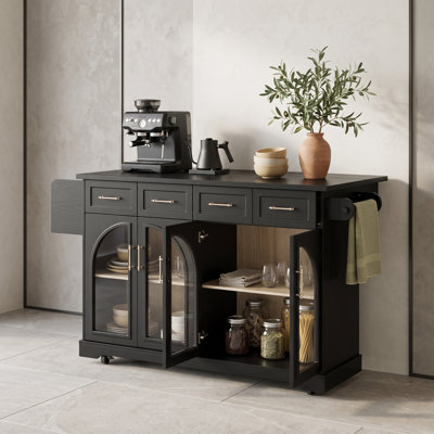 Rolling Kitchen Island with Drop Leaf, 4 Drawers, Adjustable Shelves, Spice and Towel Racks and Built-In Power Outlet