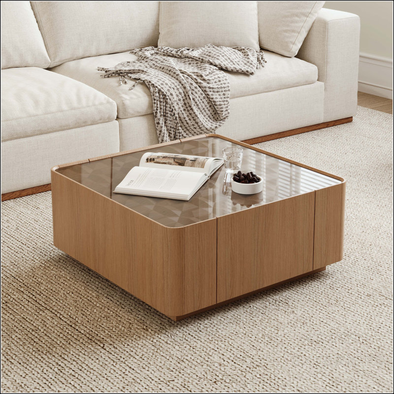 Table basse avec garniture en bois et coins arrondis, table centrale flottante moderne pour le salon