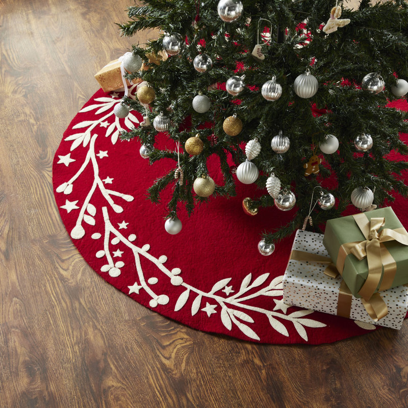 Handmade Red Felt Christmas Tree Skirt with Cream Branches and Stars - 60"